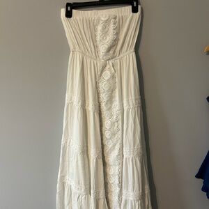 White Strapless Maxi Dress with Lace Details